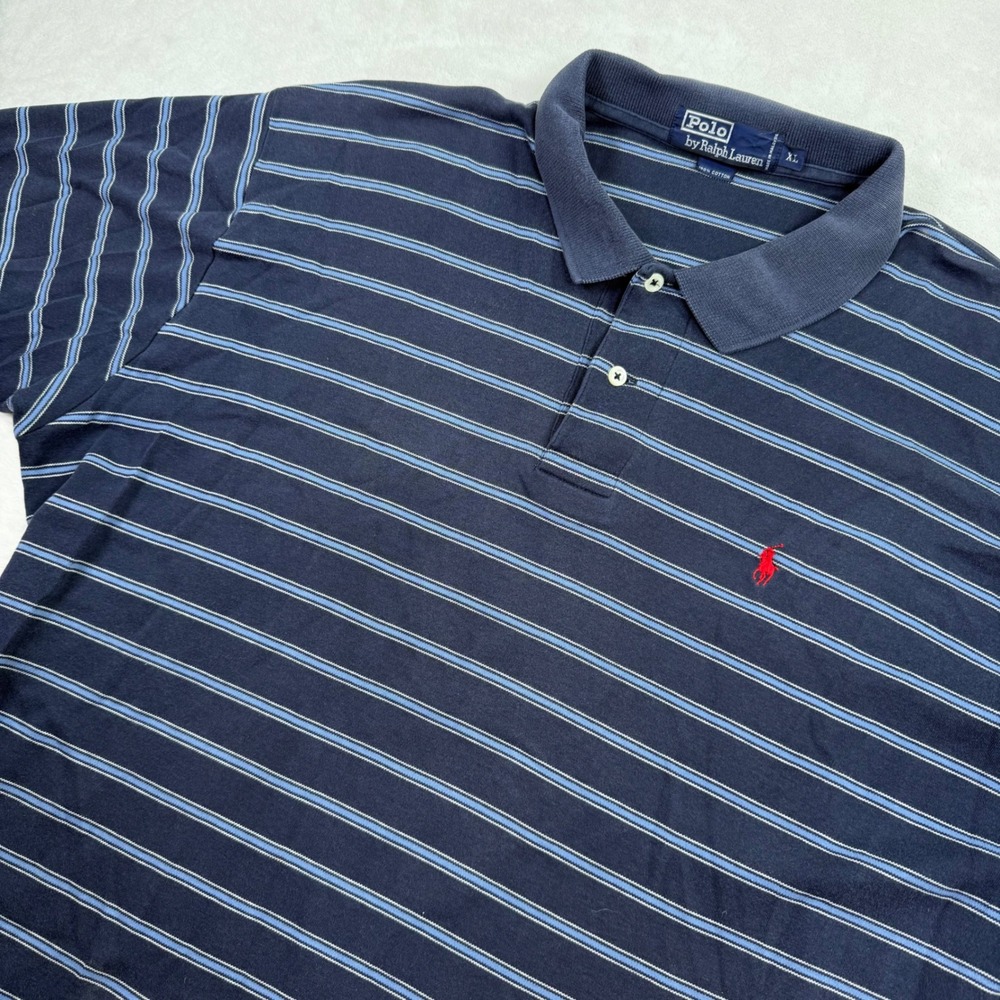 Polo Ralph‎ Lauren Men XL Navy Blue Stripe Short Sleeve Cotton Polo Red Pony
